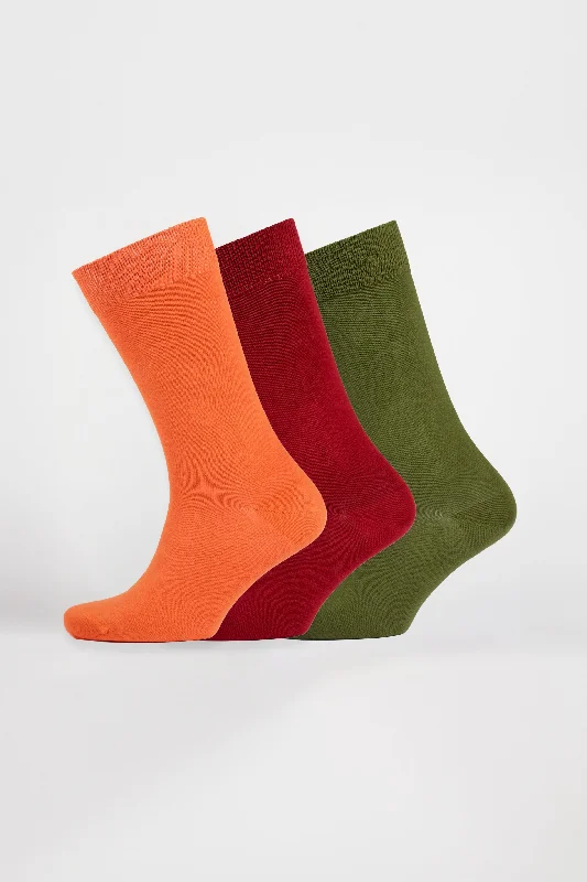 Everyday Cotton Sock Calf Plain 3 Pack - Orange/Burgundy/Moss