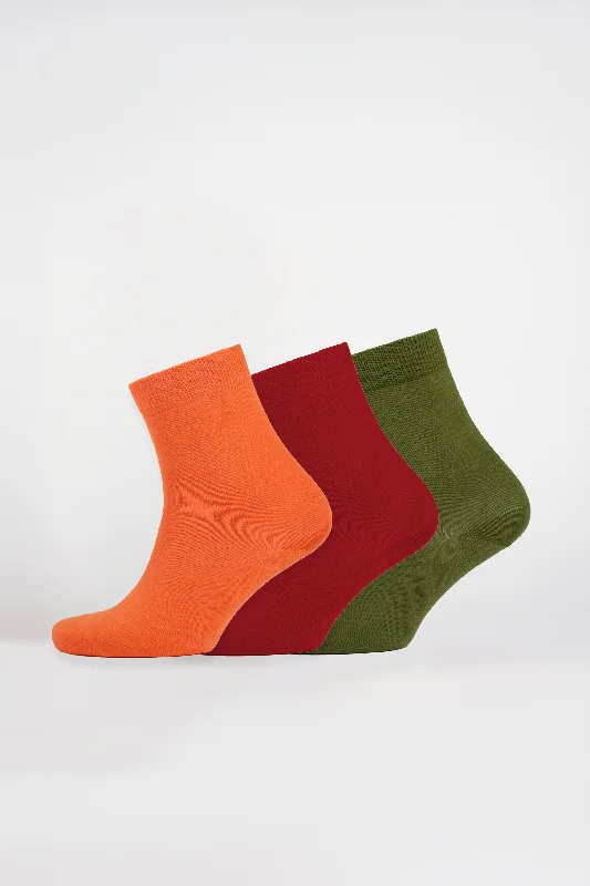 Everyday Cotton Sock Ankle Plain 3 Pack - Orange/Burgundy/Moss