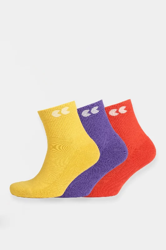 Mixed Colour Sports Ankle Socks 3 Pack - Canary/Purple/Flame