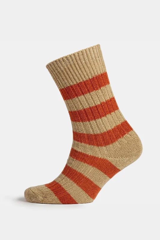 Premium Cotton Sock Stripe - Beige/Orange