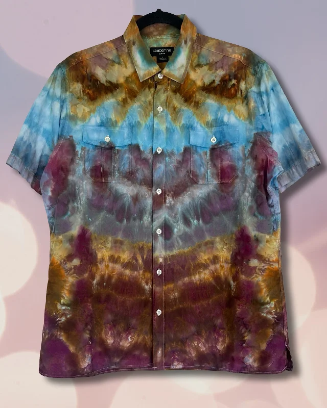 Tie Dye Short Sleeve Men's Button Down Shirt - Large