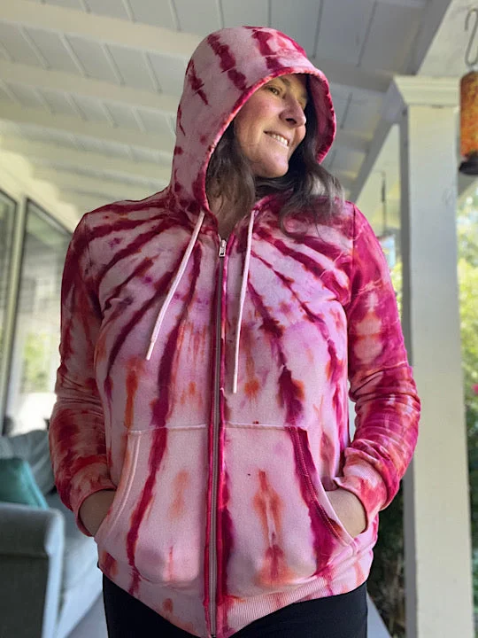 Tie Dye Zip Up Fleece Hoodie - Pink - Small