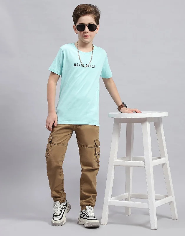 Boys Aqua Blue Printed Round Neck Half Sleeve T-Shirt