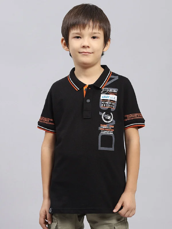 Boys Black Printed Collar Half Sleeve T-Shirt