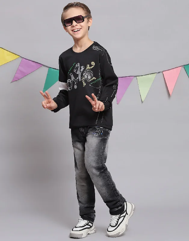 Boys Black Printed Round Neck Full Sleeve T-Shirts