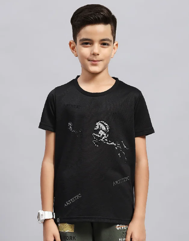 Boys Black Printed Round Neck Half Sleeve T-Shirt