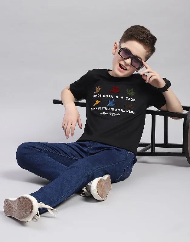 Boys Black Printed Round Neck Half Sleeve T-Shirt