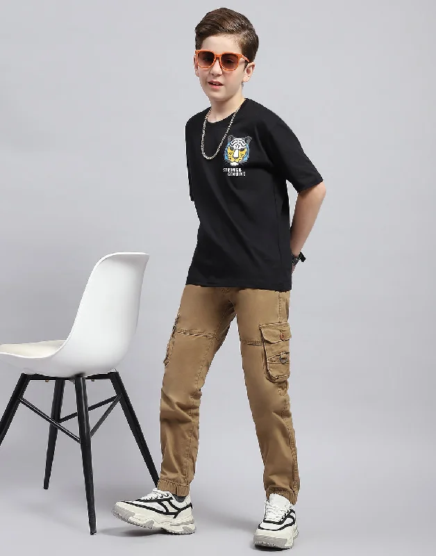 Boys Black Printed Round Neck Half Sleeve T-Shirt