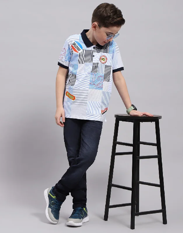 Boys Blue Printed Polo Collar Half Sleeve T-Shirt