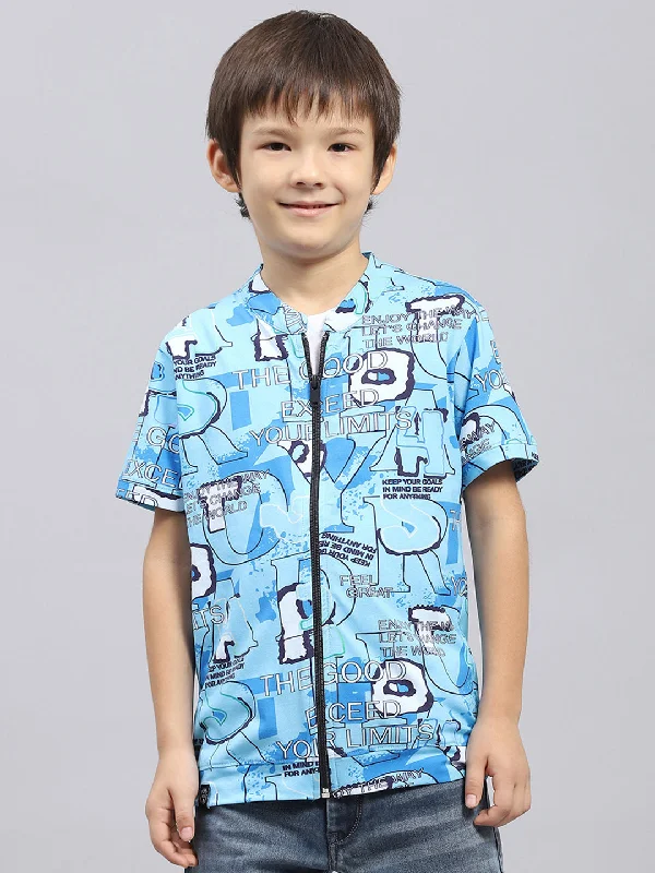 Boys Blue & White Printed Round Neck Half Sleeve Pack of T-Shirt & Shirt