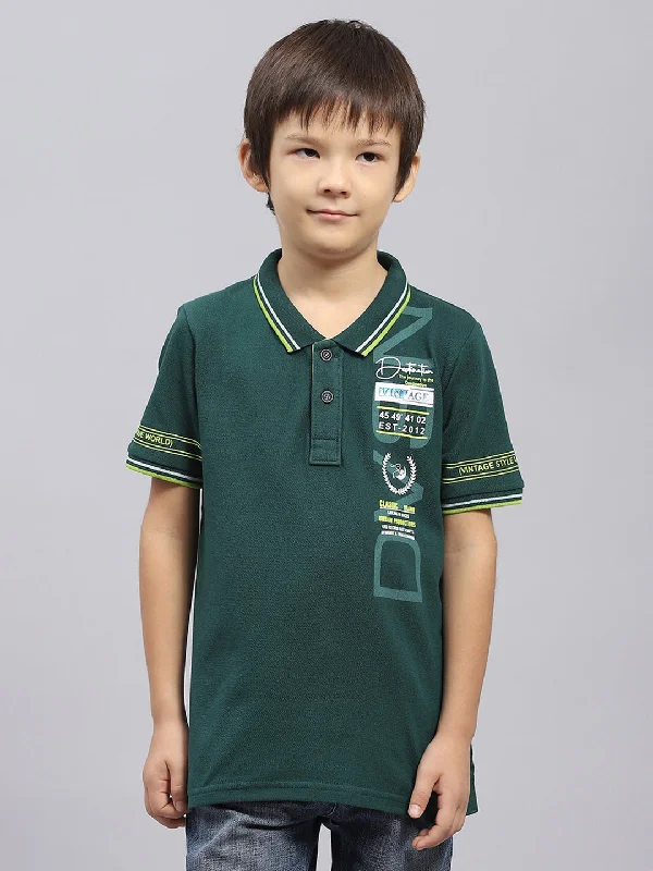 Boys Green Printed Collar Half Sleeve T-Shirt