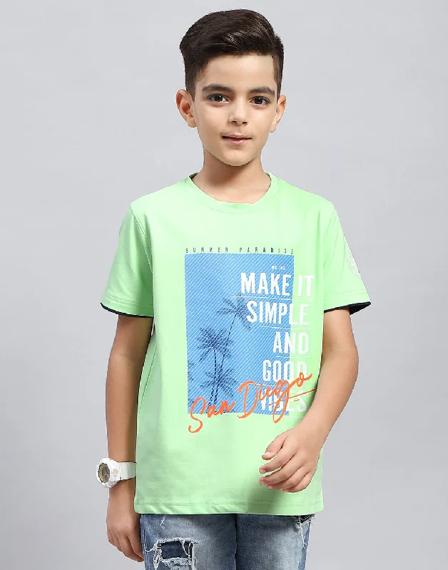 Boys Green Printed Round Neck Half Sleeve T-Shirt