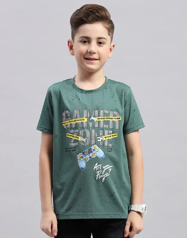 Boys Green Printed Round Neck Half Sleeve T-Shirt