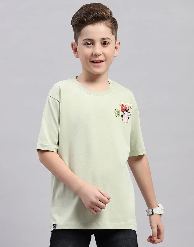 Boys Green Printed Round Neck Half Sleeve T-Shirt