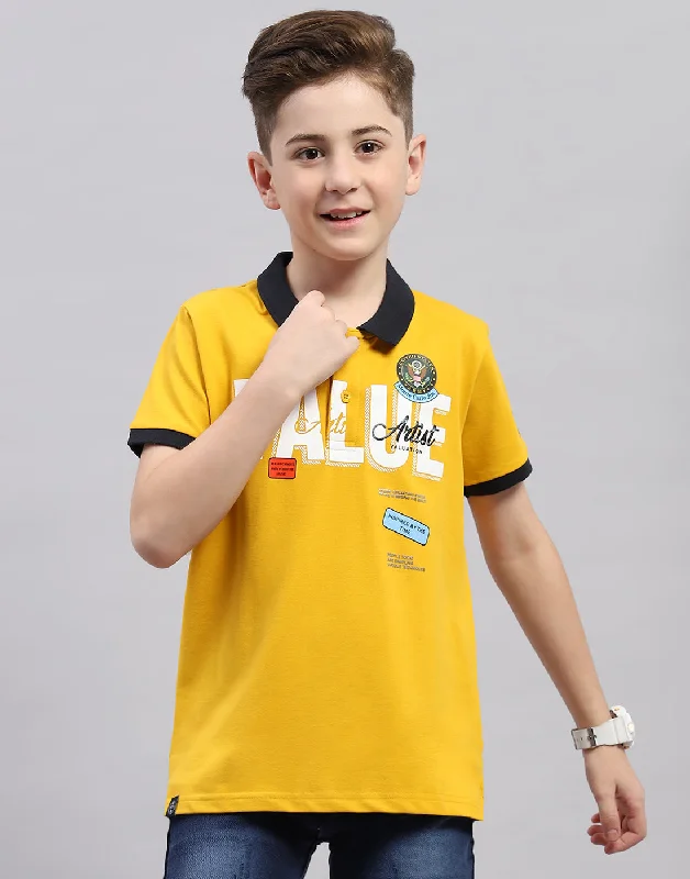 Boys Mustard Printed Polo Collar Half Sleeve T-Shirt