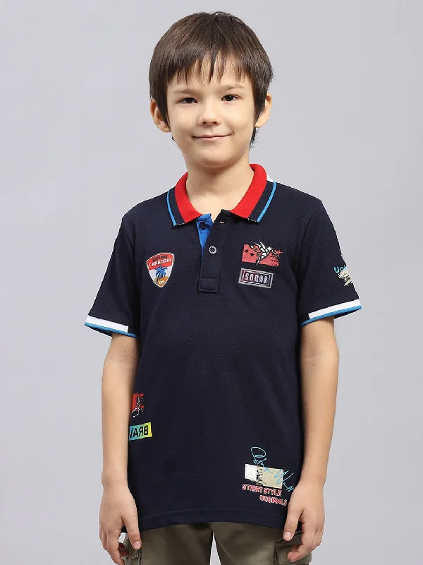 Boys Navy Blue Printed Collar Half Sleeve T-Shirt