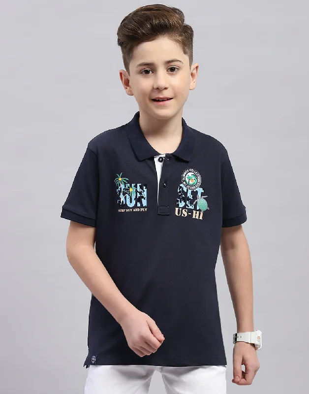 Boys Navy Blue Printed Polo Collar Half Sleeve T-Shirt