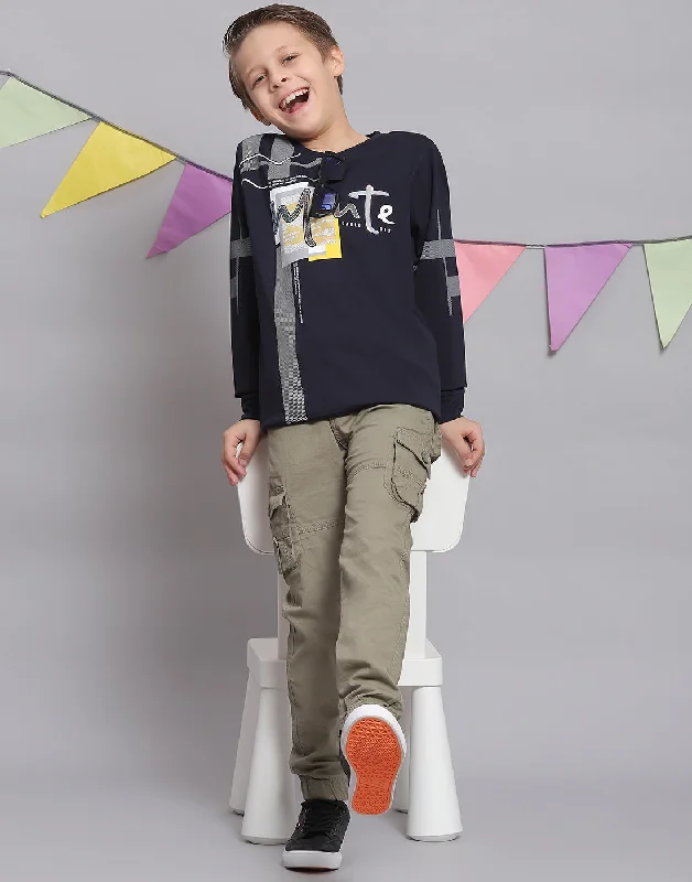 Boys Navy Blue Printed Round Neck Full Sleeve T-Shirts