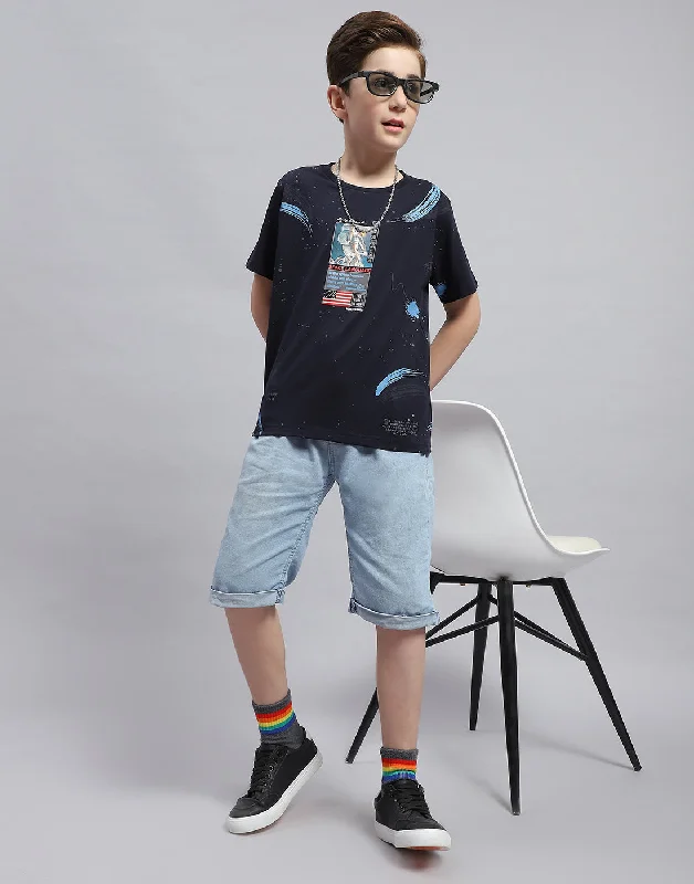 Boys Navy Blue Printed Round Neck Half Sleeve T-Shirt