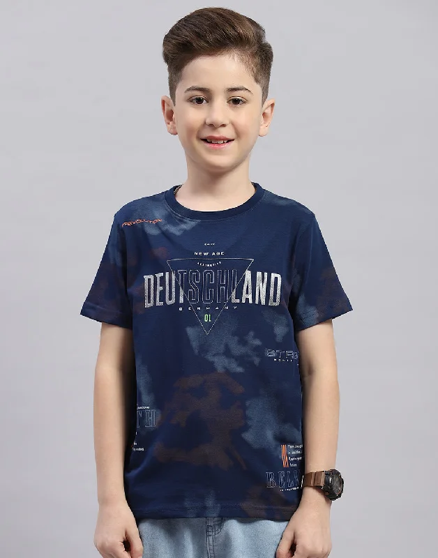 Boys Navy Blue Printed Round Neck Half Sleeve T-Shirt