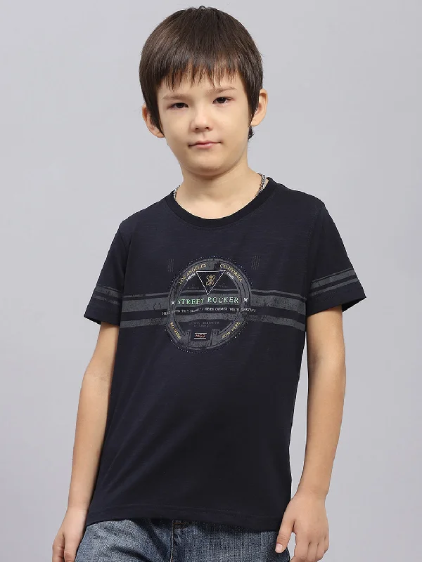 Boys Navy Blue Self Design Round Neck Half Sleeve T-Shirt