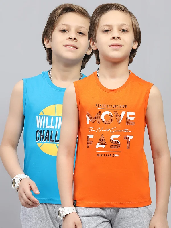 Boys Orange & Blue Printed Round Neck Sleeveless T-Shirt (Pack of 2)