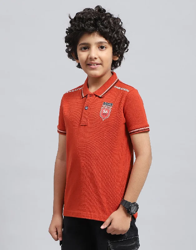 Boys Orange Solid Polo Collar Half Sleeve T-Shirt