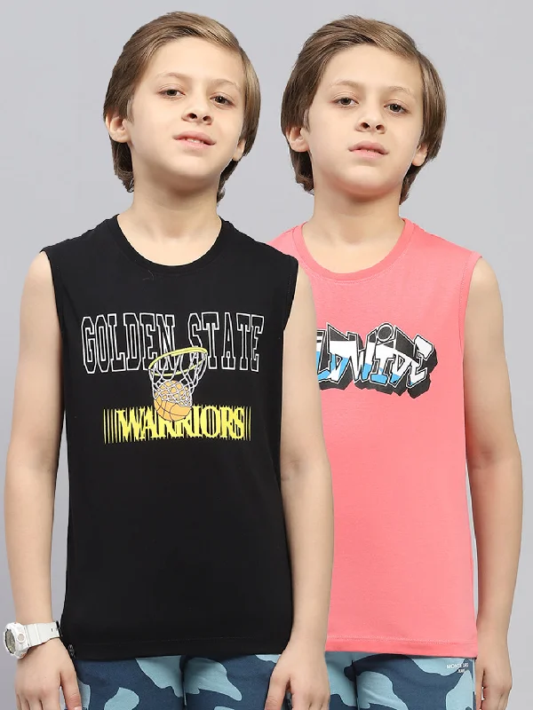 Boys Pink & Black Printed Round Neck Sleeveless T-Shirt (Pack of 2)