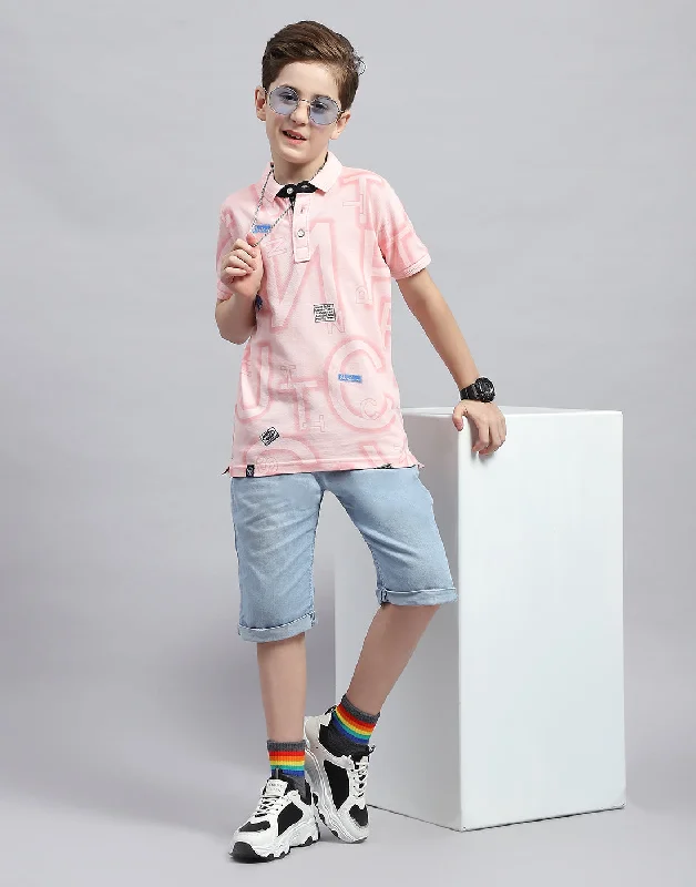 Boys Pink Printed Polo Collar Half Sleeve T-Shirt