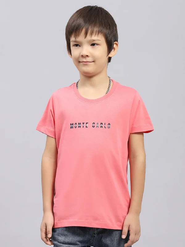 Boys Pink Printed Round Neck Half Sleeve T-Shirt