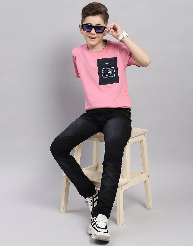 Boys Pink Printed Round Neck Half Sleeve T-Shirt