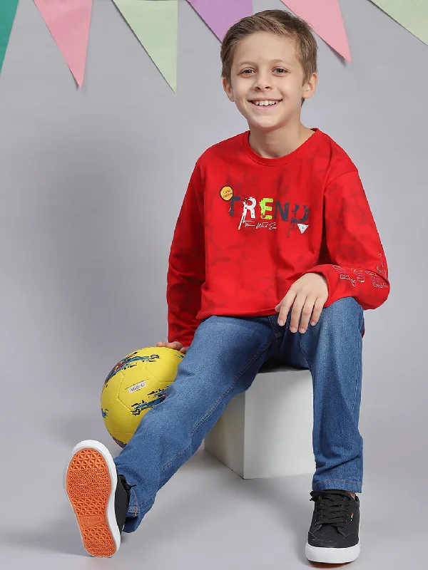 Boys Red Printed Round Neck Full Sleeve T-Shirts