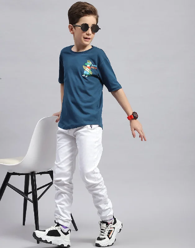 Boys Teal Blue Printed Round Neck Half Sleeve T-Shirt