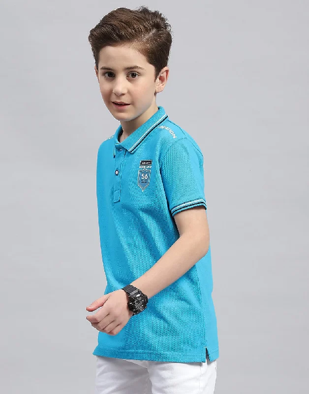 Boys Turquoise Blue Printed Polo Collar Half Sleeve T-Shirt