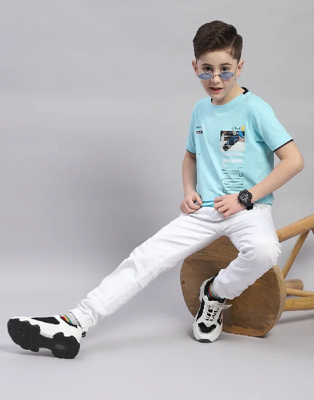 Boys Turquoise Blue Printed Round Neck Half Sleeve T-Shirt