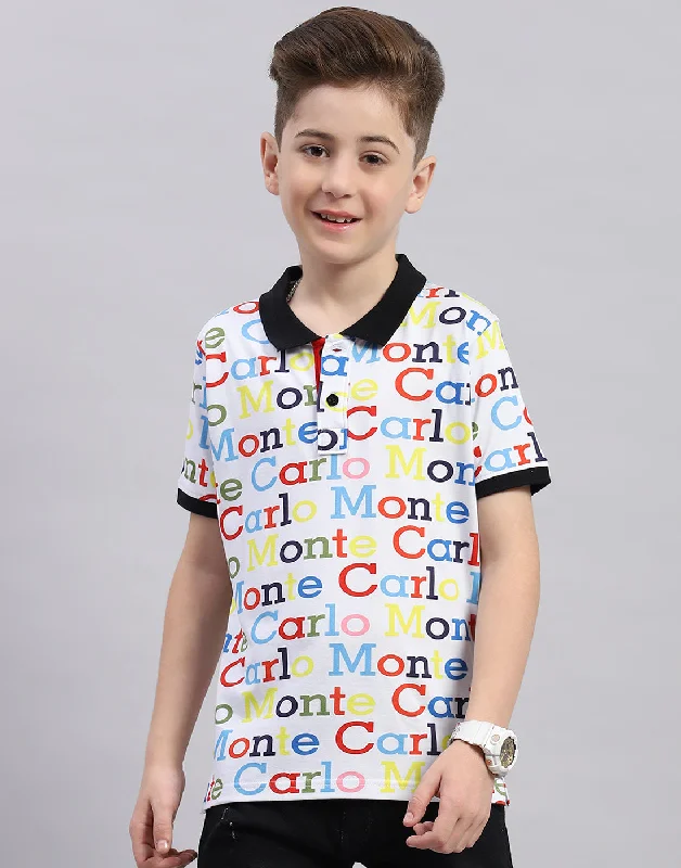 Boys White Printed Polo Collar Half Sleeve T-Shirt