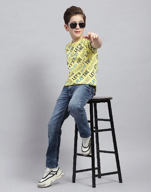 Boys Yellow Printed Round Neck Half Sleeve T-Shirt