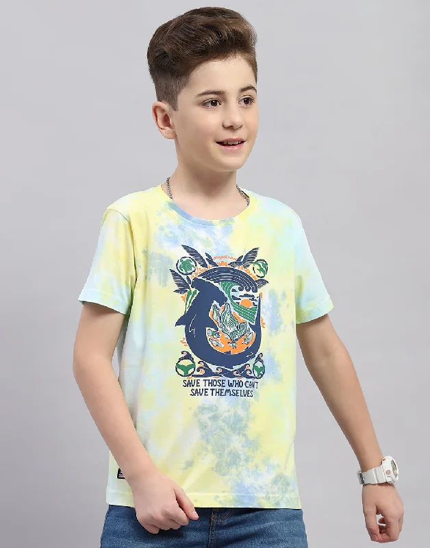 Boys Yellow Printed Round Neck Half Sleeve T-Shirt