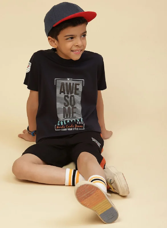 Boys Navy Blue Printed T-Shirt