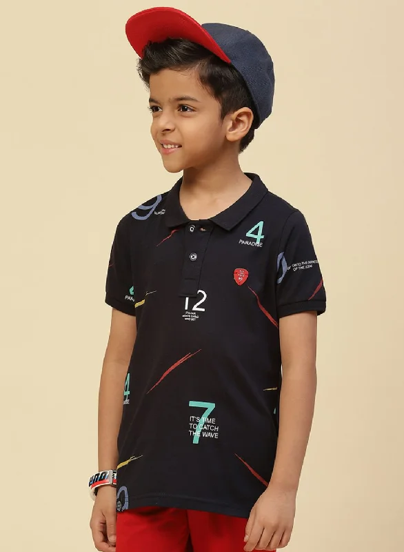 Boys Navy Blue Printed T-Shirt