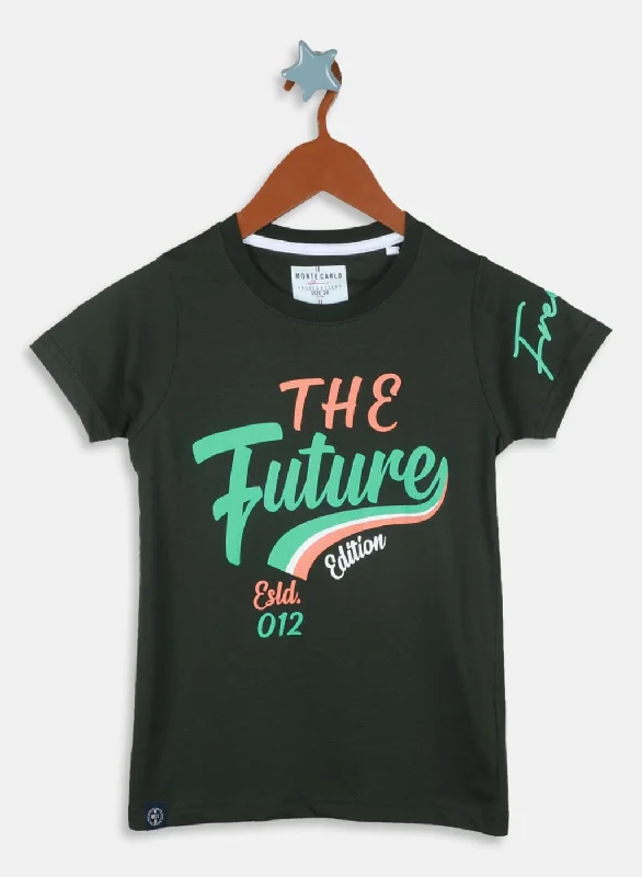 Boys Olive Printed T-Shirt