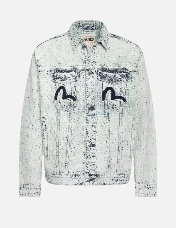 Allover Kamon Jacquard and Seagull Embroidery Loose Fit Denim Jacket