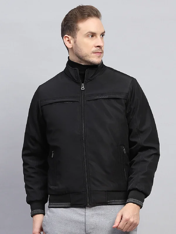 Men Black Solid Mock Neck Full Sleeve Jacket