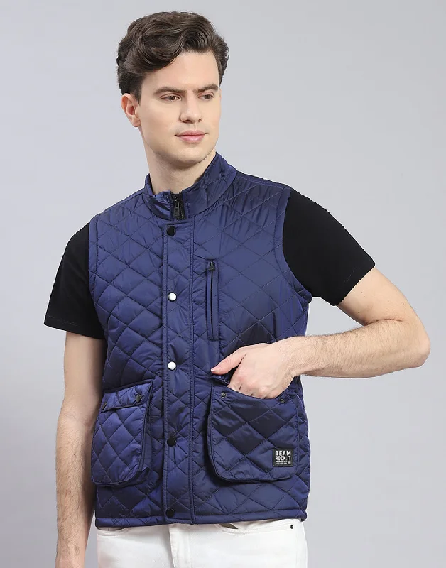 Men Blue Solid Stand Collar Sleeveless Jacket