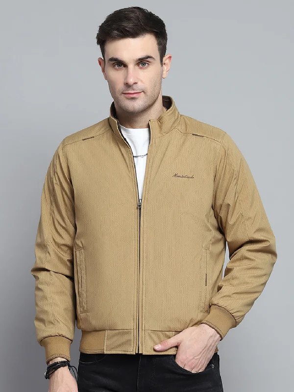 Men Khaki Solid Mock Neck Full Sleeve Jacket