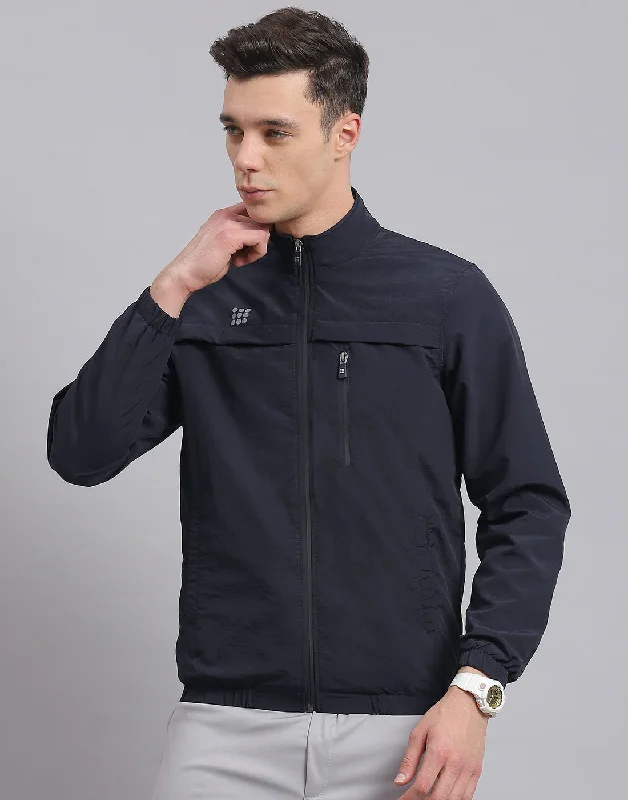 Men Navy Blue Solid Stand Collar Full Sleeve Jacket