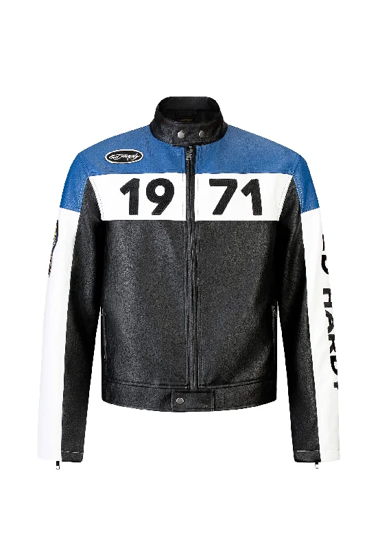 Unisex ED-1971 Moto Biker Jacket- Black/Blue/White