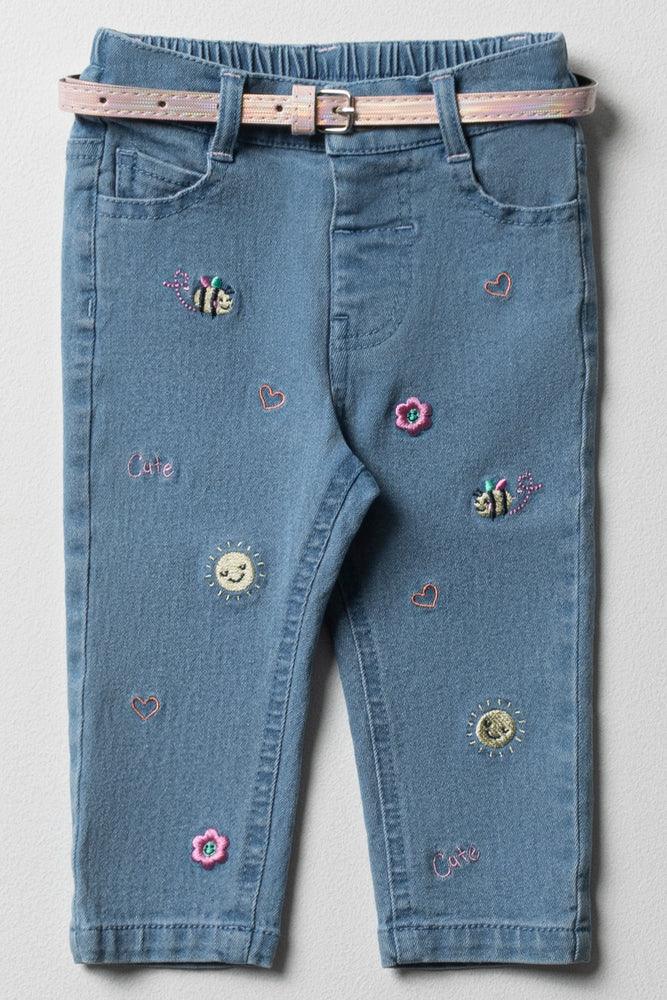 Belted Denim Trouser Embroidered Mid Blue