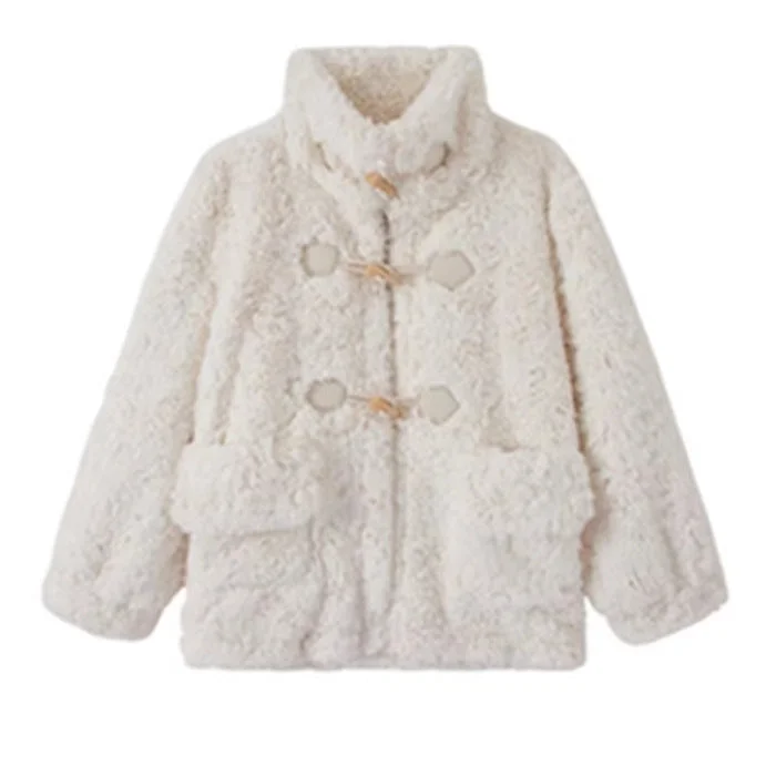 Quilted Horn Button Lamb Wool Coat For Women