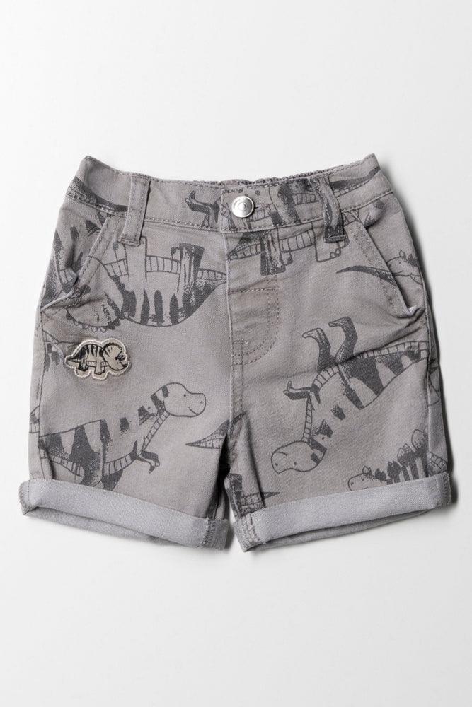 Styled Denim Dinosaur Printed Shorts Grey